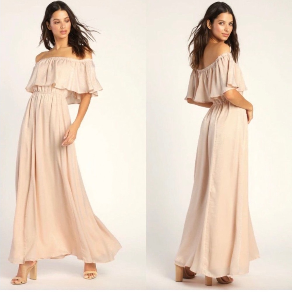 Lulus blush cream light pink romantic thinking ruffle off shoulder maxi dress